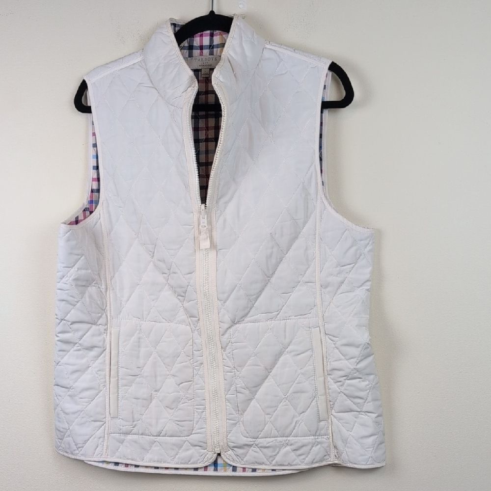 Talbots White Quilted Reversible Vest Colorful Plaid Pattern Size L